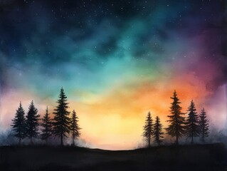 Fototapeta premium Serene Twilight Sky Over Forest Silhouette Illuminated by Stars and Gentle Hues of Orange and Blue