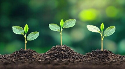 Fototapeta premium Three Young Seedlings Growing in Soil Against a Blurred Green Background