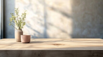 Serene Still Life: Wooden Table with Blooming Branches and Earthenware