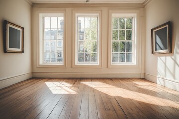 Fototapeta premium Sunlit room with hardwood floors and large windows. Ideal for showcasing real estate, home decor, or art.