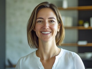 The image showcases a woman with a radiant smile, set against a clean and neutral backdrop. Her attire suggests a professional or business environment, and her glasses imply a sense of sophistication.