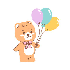 A cute bear holding a colorful balloon.