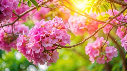 Obraz premium Vibrant pink trumpet tree flower in full bloom against a warm sunlit greenery background with soft sunlight filtering through leaves and branches, vibrant pink flowers, floral arrangement
