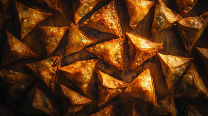 Fototapeta premium Crispy golden samosas arranged neatly on a rustic wooden surface