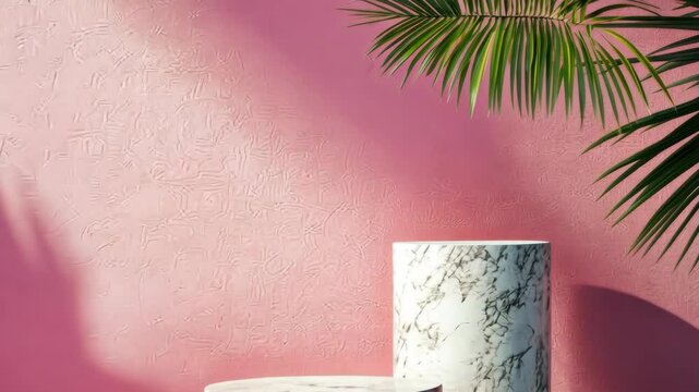 Pink wall with two marble pillars and a palm tree in the background. The scene is set in a tropical environment