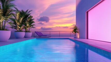 Fototapeta premium Modern Rooftop Pool Rooftop pool with vibrant lighting, modern architecture, and comfortable lounging areas, perfect for city living and relaxation.