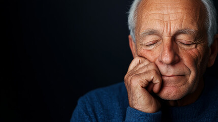 Obraz premium Portrait of a thoughtful elderly man with closed eyes against a dark background, portraying wisdom and tranquility.