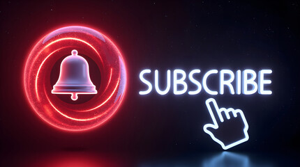 YouTube Subscription Notification Bell Icon with Bright Neon Glow and Click Gesture for Audience Engagement and Channel Growth