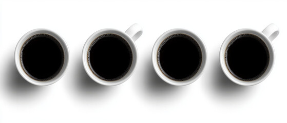 Four cups of black coffee, viewed from above, lined up against a stark white background.