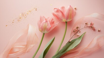 Obraz premium Elegant flat lay of pink tulips with silk ribbon and glitter accents