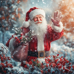 Happy Santa waves in falling snow, a sack of festive greenery and berries over his shoulder.