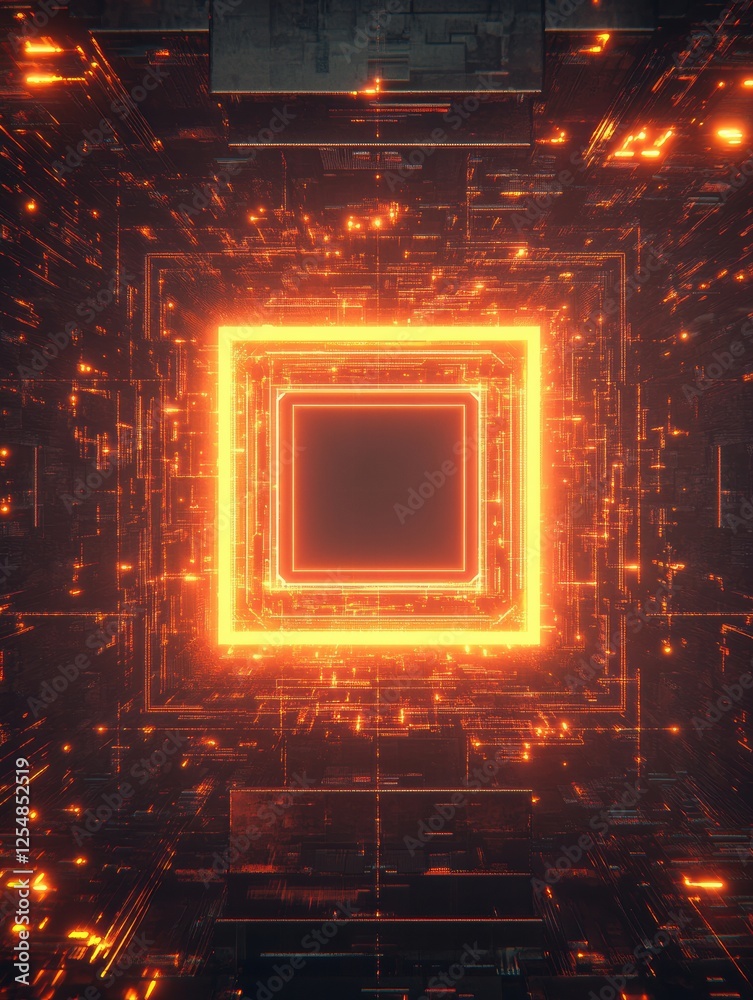 Poster Intricate microchip design illuminated by vibrant orange light in a high tech environment. Generative AI