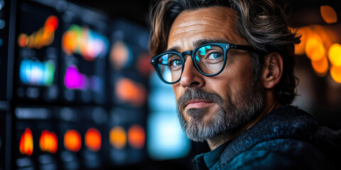 Obraz premium Media Analytics Expert Analyzing Data Insights on Monitors for Enhanced Content Performance and Audience Engagement