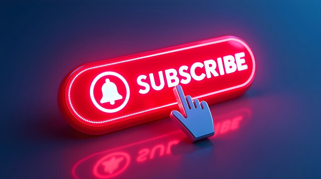 YouTube Subscription Notification Bell Icon with Bright Neon Glow and Click Gesture for Audience Engagement and Channel Growth