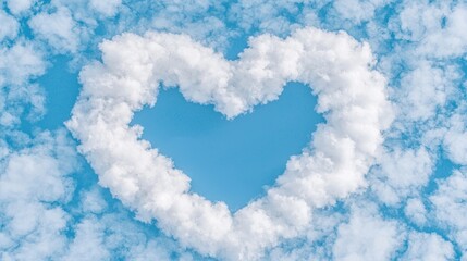 Fototapeta premium Heart-shaped clouds in a blue sky; romantic background