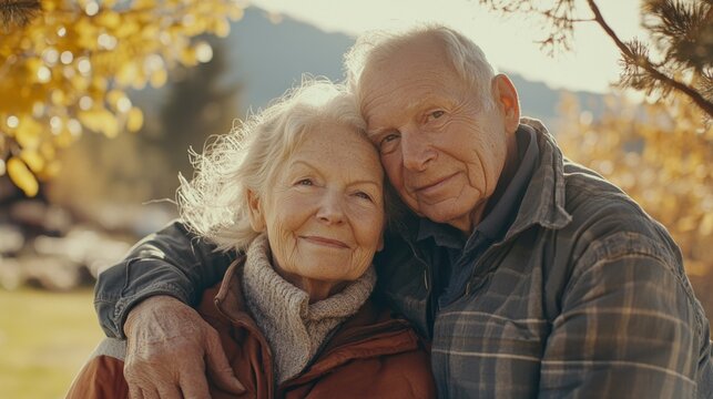 This is a heartwarming image depicting an older couple sharing a close embrace on what appears to be a crisp autumn day. They are surrounded by fall foliage, which adds a touch of seasonal beauty to
