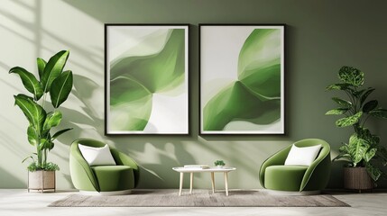 Serene Green Living Room Interior Design with Abstract Art