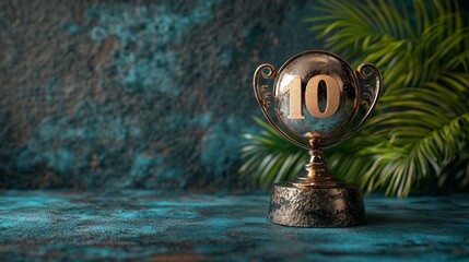 Golden Trophy with Number Ten on a Decorative Base Surrounded by Greenery and Textured Background