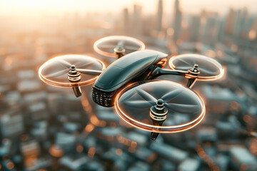 Futuristic autonomous drone with illuminated propellers flying over a modern cityscape at sunset, reflecting warm sunlight on its sleek metallic body, symbolizing advanced aerial technology.