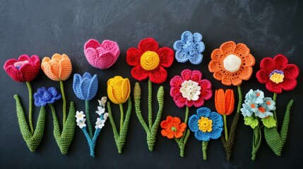 Colorful Handmade Crochet Flowers on Dark Background Display