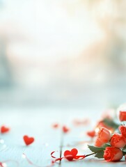 Red roses and heart-shaped decorations on a light wooden surface. Soft bokeh background with copy space. Valentine's Day concept. Design for greeting cards, invitations, and posters. Flat lay composit