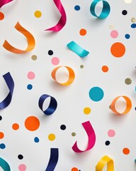 Bold metallic confetti dots paired with colorful curling streamers on a bright white background, evoking joy