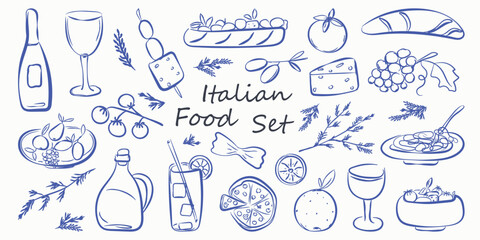 Hand drawn italian food set in doodle style. Chalk crayon sketch dish with pizza, cheese, pasta, croissant, olives, bottle wine, italy ingredients. Charcoal collection of dinners for menu. Vector illu