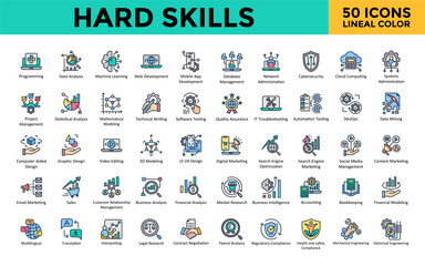 Hard Skills icon set with programming, data analysis, machine learning, web, mobile app, database management, network administration, cybersecurity, cloud computing icon. Simple lineal color vector 

