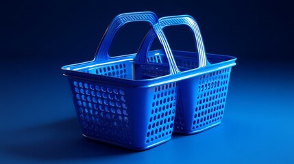 Fototapeta premium Floating blue market basket collection, smooth plastic texture, modern retail aesthetic, sleek commercial styling, dramatic product angles, studio lighting setup, premium 3D visualization, e-commerce