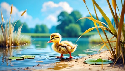 Duckling by the Pond: A fluffy yellow duckling takes its first tentative steps at the edge of a serene pond, surrounded by lush greenery and water lilies.