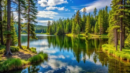 Obraz premium Forest Lake Scene with Pine Trees, forest view, pine trees, forest view, pine trees, water activity, boats