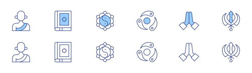 Spirituality icon set in two styles, Duotone and Thin Line style. Editable stroke. ayurveda, monk, pray, quran, sikhism, yin yang