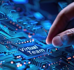 Obraz premium A hand interacts with a digital circuit board, highlighting the phrase 