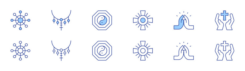 Spirituality icon set in two styles, Duotone and Thin Line style. Editable stroke. cross, dharma, pray, rosary, taoism