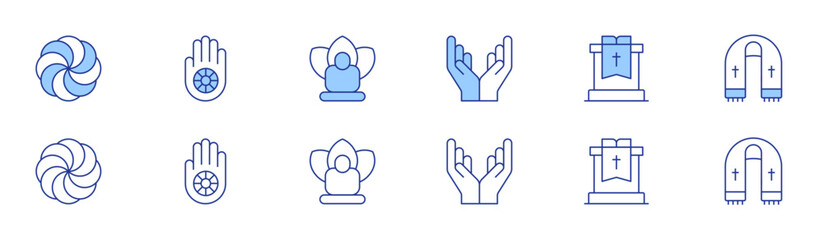 Spirituality icon set in two styles, Duotone and Thin Line style. Editable stroke. hetanism, jainism, meditation, praying, sermon, stole