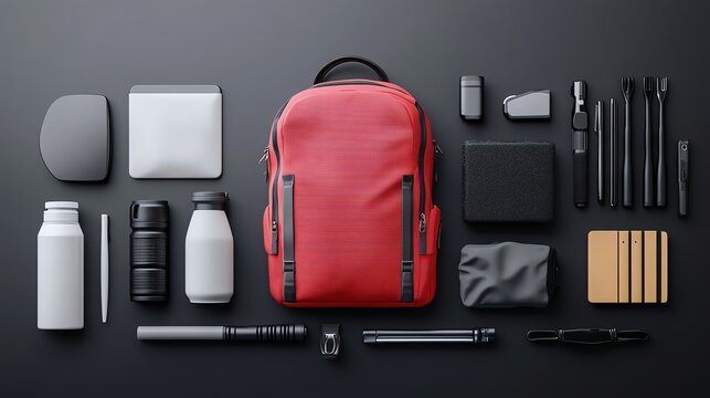Flat lay of modern travel essentials featuring a red backpack, bottles, and tech gadgets on a dark background.