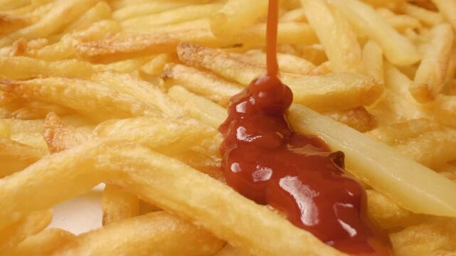Close-up of ketchup being poured onto French fries with a sliding motion.