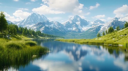 Fototapeta premium Fiery Alpenglow Mirrored on Glassy Mountain Lake