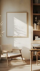 A modern home office with a sunlit reading nook, wooden shelving, and a blank white frame.