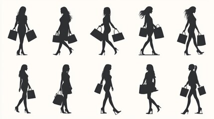 modern shopping pictogram collection, stylish woman silhouettes, multiple walking poses, retail bags set, fashion figure illustrations, monochrome icon series, simple graphic design
