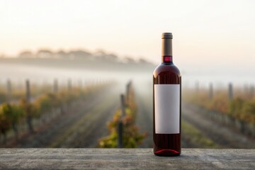 Fototapeta premium Bottle of wine mockup with blurred vineyard background, Blank label on wine bottle with winery farm in the morning