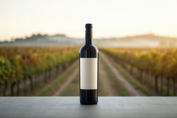 Fototapeta premium Bottle of wine mockup with blurred vineyard background, Blank label on wine bottle with winery farm in the morning