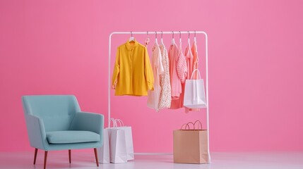 Modern shopping scene, fashionable female shopper, colorful garments displayed on white metal rack, casual pastel outfits, white shopping bags, brown boxes, grey modern chair, pink studio background,