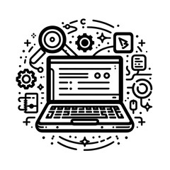 Obraz premium Flat Laptop Icon Logo: Minimalist Vector Illustration in Black Outline on a White Background, Perfect for Business, Technology, Branding, Web, and Digital Design Concepts.