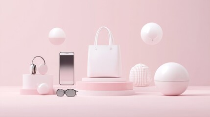 premium shopping interface elements, floating white circular pods, lifestyle product icons, modern digital devices, fashion and home items, minimalist 3d vector design, soft gradient pink background,