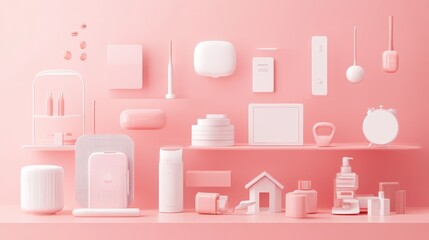 premium shopping interface elements, floating white circular pods, lifestyle product icons, modern digital devices, fashion and home items, minimalist 3d vector design, soft gradient pink background,