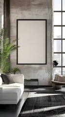 A modern loft apartment with bold patterns, minimal furniture, and a centered blank frame.