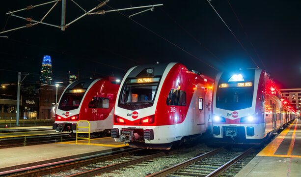 San Francisco, California - November 11, 2024: New electric trains at San Francisco Station. The Stadler KISS EMUs started operation on August 11, 2024 after completion of the Caltrain Electrification