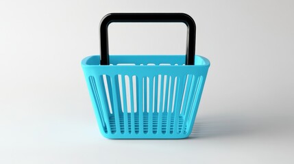 Fototapeta premium 3D shopping basket in vibrant sky blue plastic material, minimalist design with vertical slots, floating composition, black handle, ultra-detailed geometry, clean white background, product