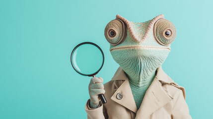 chameleon dressed as a detective in a trench coat, holding a magnifying glass,  against a pastel blue background.  whimsical, playful designs and detective-themed projects.banner wed wallpaper poster 
